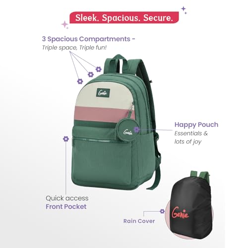 Image of Genie Essence Casual Backpack For Girls |18 In-27Ltr with Laptop Sleeve, Rain Cover and Three Compartments with Padded Shoulders |Best for Books,Stationery,Lunch Box & Essentials - Green