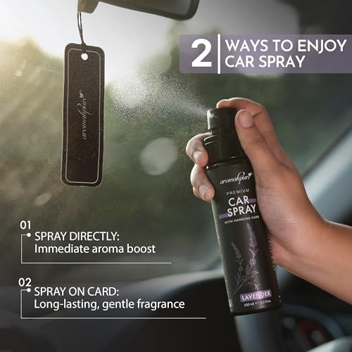 Image of Aromahpure Lavender Car Perfume Spray | 100ml | with Hanging Card | Long Lasting 800+ Sprays Car Fresheners | Travel Friendly Car Air Freshener | CFC Free &Fast Acting Formula