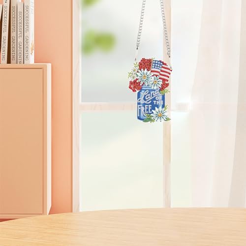 Image of 4th of July Diamond Art Painting Hanging Kit Independence Day Vase, 5D Acrylic Crystal Rhinestones Diamond Art Pendant with Flower and Flag Diamond Art Ornament for Door Wall Window Home Decor