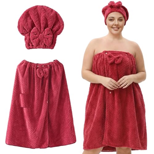 Serviette de bain femme réglable en polaire corail avec bonnet de douche assorti