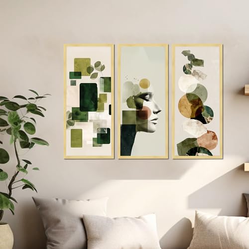 Image of PAINTINGMANTRA Abstract Botanical & Face Framed Wall Art Set of 3 | Modern Boho Green Tone Wall Decor |Engineered Wood Frame Art for Living Room, Bedroom & Office, 8.9x18.9 Inch