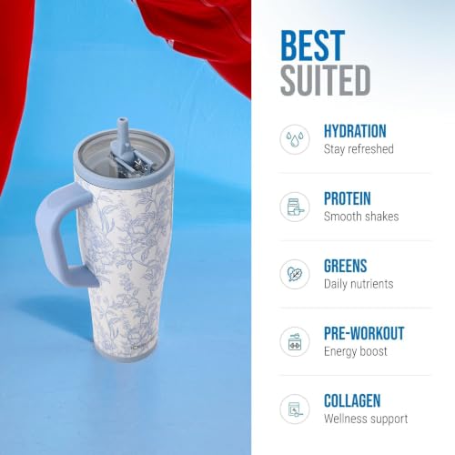 Image of Ice Shaker 32 oz Tumbler with Handle and Straw | 32oz Bleu Toile | Cold for 30+ Hours | 2-in-1 Tumbler Shaker Bottle | Odor-Free 32 ounce Bottle for Water, Protein Shakes, Smoothies, Cocktails