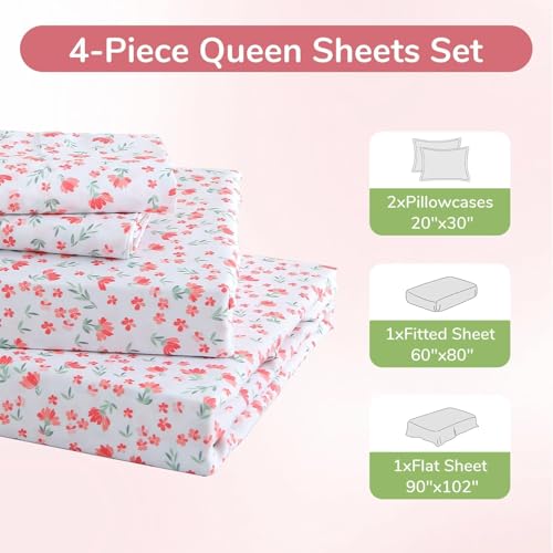 Image of MUXHOMO Queen Size 4 Piece Sheet Set, Soft Breathable Bed Sheet Set for Bedroom with Deep Pocket Up to 16 inch, Wrinkle-Free & Cooling Bedding for Oeko-TEX Certified - Rose Bloom