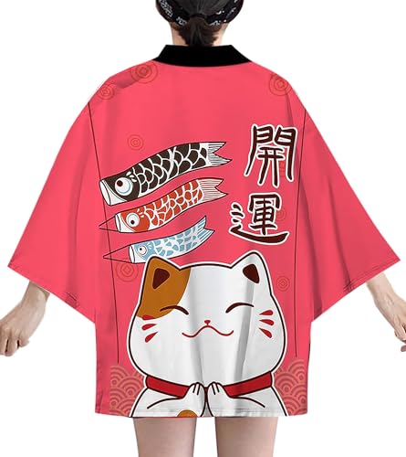 Image of LAI MENG FIVE CATS Women's Lucky Cat Cardigan Kimono Loose Cover up Casual Blouse Cute Tops