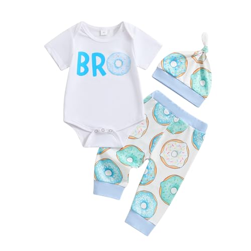Image of Karuedoo Baby Boy Clothes Newborn Boy Outfit Infant Bro Short Sleeve Romper Donut Long Pants Hat 3Pcs Outfits Set (White Blue, 0-3 Months)