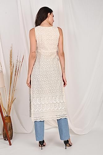 Image of Lucknowi Chikankari Pure Cotton Sleeveless Nyra Cut Straight Long Casual Kurti for Women