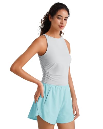 Image of G4Free Skimetic Workout Tank Tops for Women Side Ruched Sleeveless High Neck Crop Top Summer Athletic Gym Shirts