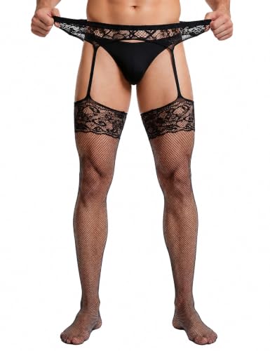 ohmydear Herren Ouvert Strapsstrumpfhose Spitze Fishnet, Schwarz, L-2XL