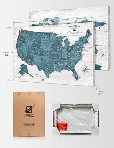 Image of IPIC Vintage Teal World Maps for Wall, World Map Canvas, Size 36x24 in