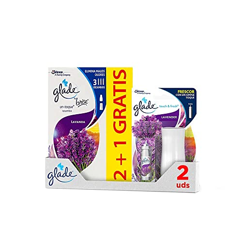 Glade Un Toque de Ambientador Fragancia Lavanda y Aloe. Elimina los malos olores, Hasta 10 veces más frescor - 1 Disfusor + 3 Recambios de 10 ml (el paquete puede variar)