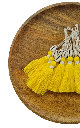 Image of Zippy Flora Handmade Cotton Tassels with Cowrie Shells for DIY & Crafts Project, Pack of 10 (Bright Yellow)