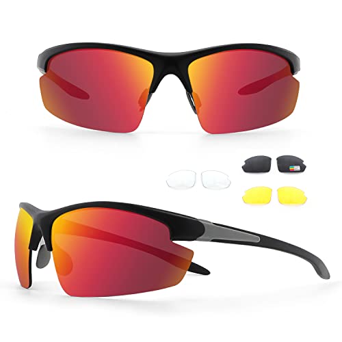 Ukoly Polarized Sports Sunglasses With 4 Interchangeable Lenses, Mens Womens Cycling Glasses,Baseball Running Fishing Golf Driving Sunglasses (Black Red) #TOP9