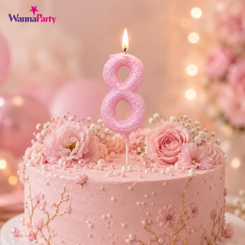Image of Wanna Party Glitter Designer Pink Number 8 Birthday Candle, Numerical Cake Candle for 8th Birthday, Cake Cutting, Party Decoration & Celebration Supplies - 1PC