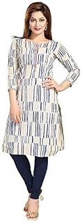 Women's Cotton Khadi Blue and Beige Straight Kurti for All Plus Size and Small Size
