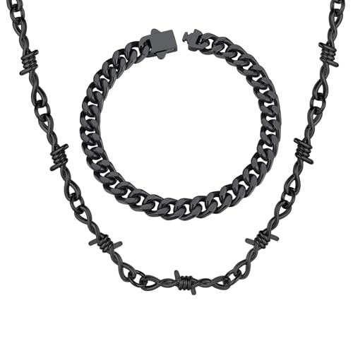 ChainsHouse Stainless Steel 5MM 9.0'' Cuban Link Bracelet+6MM 18" Barbed Wire Necklace for Men