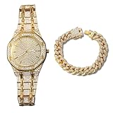 Genkigold Reloj con Diamantes para Hombre – Esfera Octogonal 41mm con Números Romanos – Chapado en Oro 18K Correa 22cm – Cuarzo Japonés – Joya de Lujo – Combina con Cadena Cubana 20cm