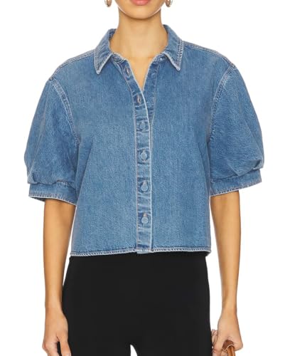 Denim Shirt Women Puff Sleeve Cropped Button Down Jean Tops Summer Business Casual Tops