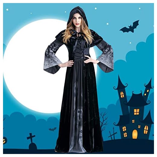 Further Halloween häxa mantel med huva häxa kostym vuxen maskeradklänning fest cosplay medeltida svart vintage huva rock med halloween skalle mönster kostym sammet fest rekvisita klänning