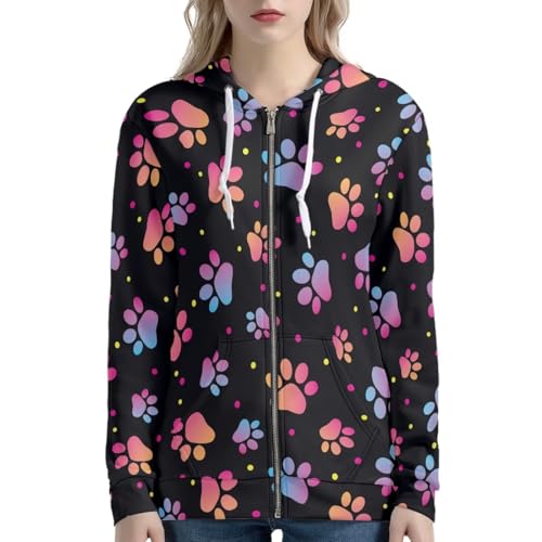 Upetstory Damen-Kapuzenjacke mit Reißverschluss, modische Sweatshirts, Hundepfotenabdruck, L