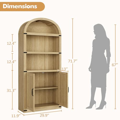 GarveeHome Bookcase with Doors Arched Bookshelf 71.65in Tall Bookcase Farmhouse Cabinet with Shelves Wooden Bookshelves for Home Office, Living Room (Light Oak)
