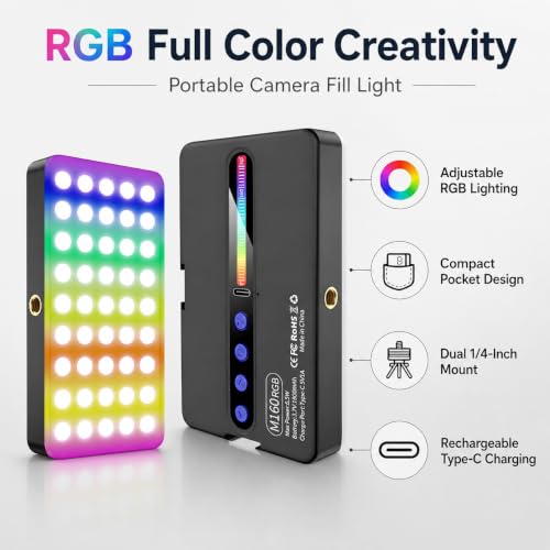 Image of M160 RGB LED Video Light, Rechargeable Pocket Camera Fill Light with 19+ Lighting Effects, Adjustable Colour & Brightness, Type-C Charging, Cold Shoe, 1 /4-Inch Mount for Vlogging and Photography