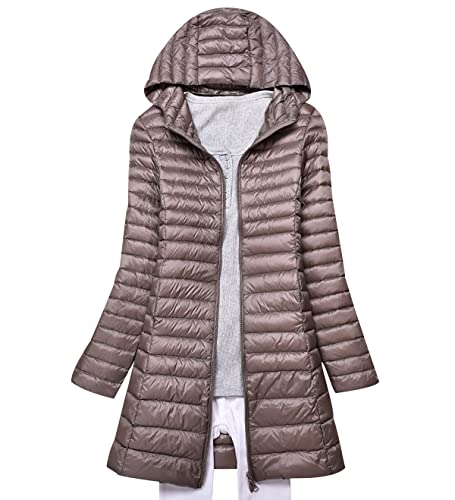 Lightweight Down Jacket Women Packable Ladies Puffer Jacket Long Puffer Coats for Women Puffa Jackets With Hood Longline Waterproof Womens Compressible Down Feather Coat Parka Quilted Padded Khaki M