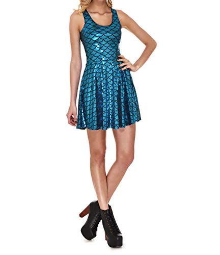 Image of LinvMe Women Shiny Mermaid Fish Scale Sleeveless Pleated Flared Dress