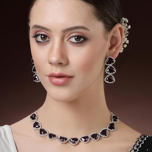 Image of ZENEME Rhodium Plated Silver Toned Triangular Shaped American Diamond Studded Jewellery Set For Women and Girl