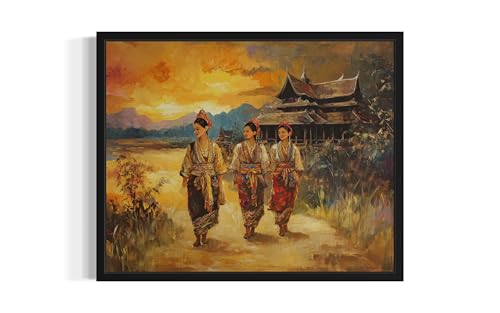 Laos Art Print Poster, Asia Oriental Countries Culture Wall Art Asian Paintings for Bedroom Bathroom Living Room Decor 97 (Laos, 24"L x 18"W, Black Frame)
