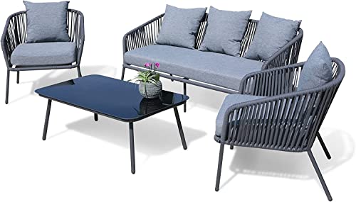 Image of DEVOKO 5 Seater Sofa Outdoor Indoor Conversation Patio Garden Rope Furniture Set with Cushion and Center Table for Garden /Balcony /Poolside.(Grey Color)