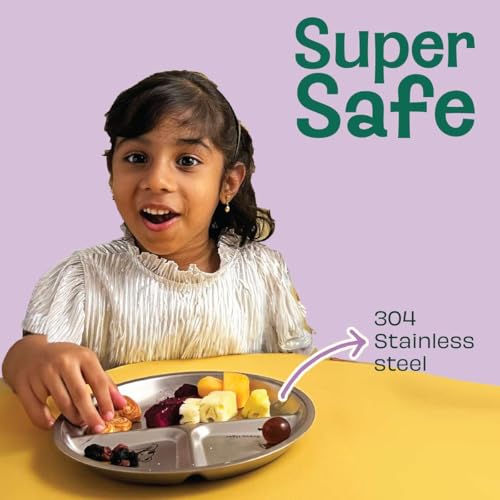 Image of Basil Stainless Steel Plate for Kids - Kids Plates for Food with 3 Compartments - Dinner Plates for Baby - Unbreakable Dinner Plates - Ideal for Birthday, Return Gifting - Wheel Plate - Pack of 2