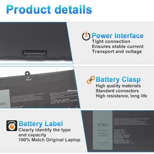 Image of DWVRR 87Wh Laptop Battery Replacement for Dell Alienware x17 R1 R2 Alienware x15 R1 R2 Inspiron 16 7620 2-in-1 Series Notebook 0017GN 0NR6MH 817GN Battery 7250mAh 6-Cell