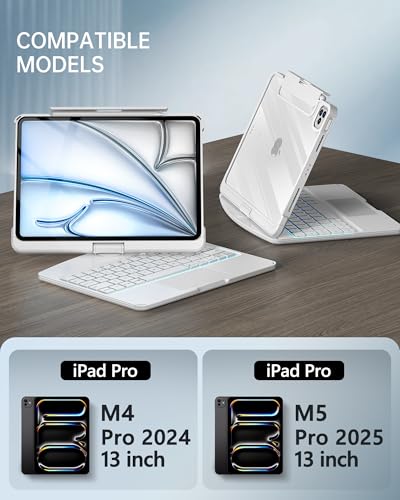 Image of Intermerge for iPad Pro 13(M4,2024) Case with Keyboard Clear,360 Rotatable Multi-Touch Trackpad,7-Color Backlit Magnetic Keyboard Case with Pencil Holder and Type-C Charging - White