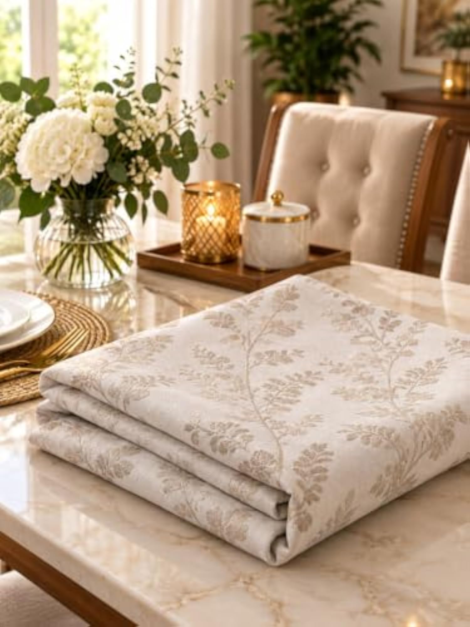Premium Jacquard Self Leaf Design Beige Color Table Cover