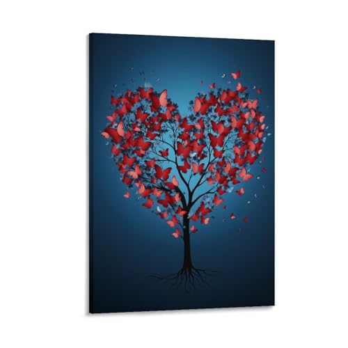 Tableau papillon rouge sur fond bleu vintage en toile encadrée cœur