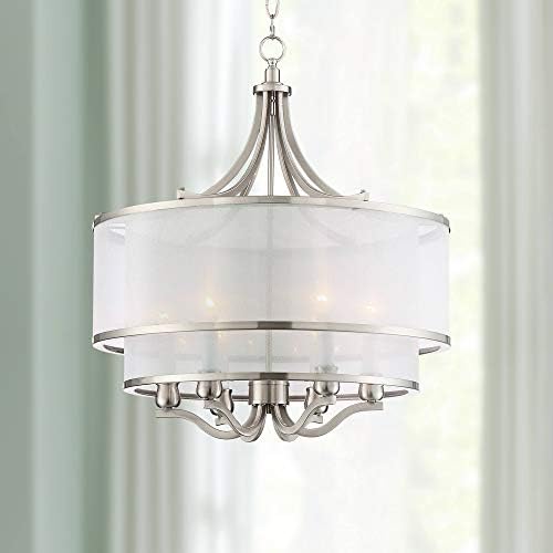 Possini Euro Design Nor Brushed Nickel Pendant Chandelier Lighting 23" Wide Modern Double White Organza Shade 6-Light Fixture for Dining Room Living House Home Foyer Kitchen Island Entryway Bedroom