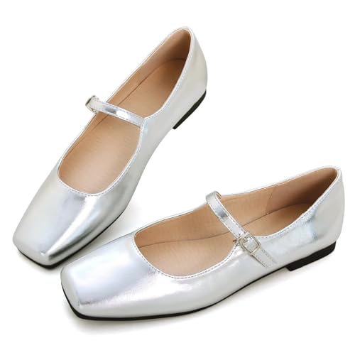 Tn Tangnest Leather Flats For Women Comfortable Square Toe Slip On Flats Soft Work Flats Retro Mary Jane Flats Silver 41 thumb #4