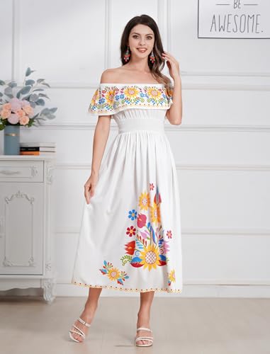 Image of IDOPIP Mexican Dress for Women Off Shoulder Traditional Mexican Fiesta Dress Floral Sunflower Cinco De Mayo Mexican Outfit
