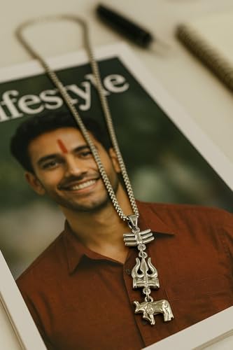 Image of Shiv Trishul Nandi Pendant Necklace With Black Beads | Mahesh Babu inchVaranasi inch Inspired Unisex Religious Jewelry | Spiritual Statement Locket