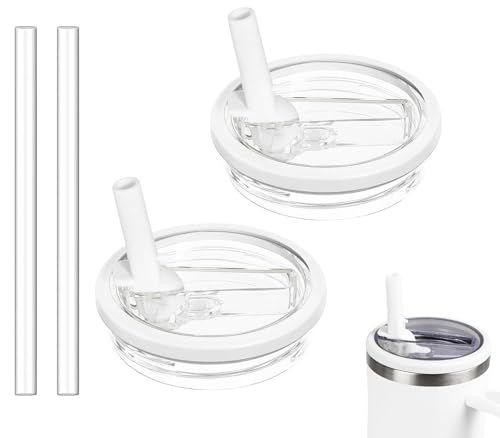 2 Pack 30 oz Tumbler Flip Straw Lid Replacement Compatible for Stanley Quencher Leak Proof Lid Replacement for 30 OZ Stanley H2.0 FlowState Tumbler Spill Proof Splash Reusable (White)