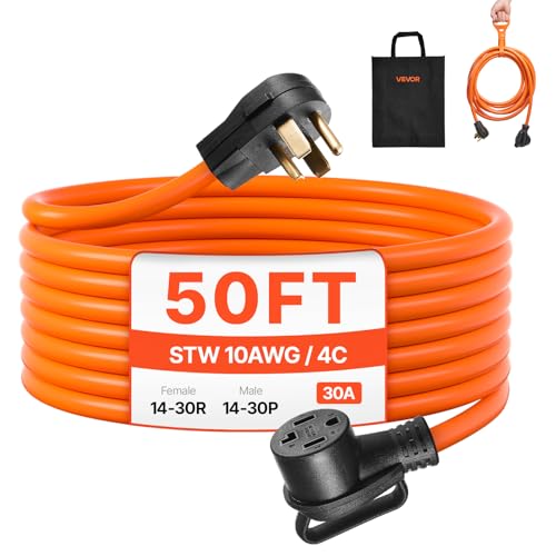 VEVOR 50 FT 30 Amp Dryer Extension Cord 4-Prong NEMA 14-30P to 14-30R 10AWG STW Pure Copper 125/250V 7500W Heavy Duty Power Cable for EV Charging Laundry Room Home Garage with Storage Bag