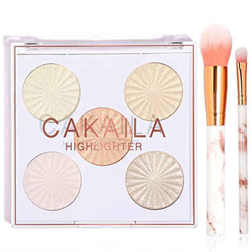 Highlighter Powder Palette, Shimmer Glitter Highlight Kit Bronzers Illuminator Palette Natural Highlighter Baked Waterproof Long Lasting Brilliant Lighten Skin Color Face Concealer Palette with Brush (5 colors Highlighter)