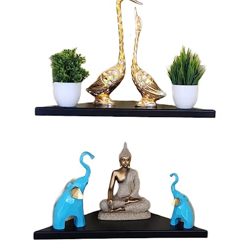Image of OrganizeMee Corner Shelf For Wall,Bathroom Organizer,Shelves Decoration Items For Living Room Bedroom corner,Long Life Than Wood,Glass Self Decor Show Pieces floating shelfs Home Bedroom Rack,Kitchen Corners Organizers,1YR Warranty:Black Set of 2