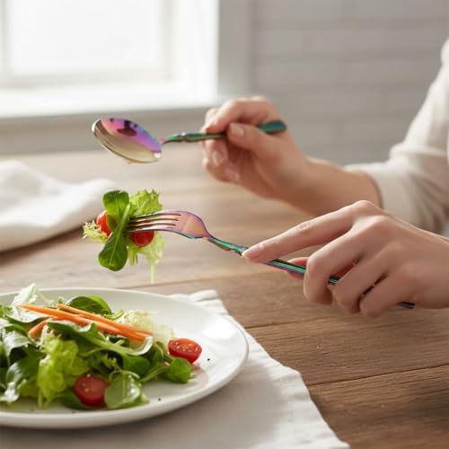 Image of 16 Pcs Rainbow Slim Handle Stainless Steel Cutlery Set for Dining Table with Spoons and Forks Set + Butterknives - The Perfect Tableware /Flatware
