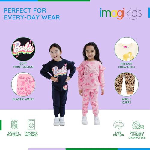 Image of Barbie Girls' 2-Piece Fleece Sweatshirt and Joggers Set Toddler to Big Kid