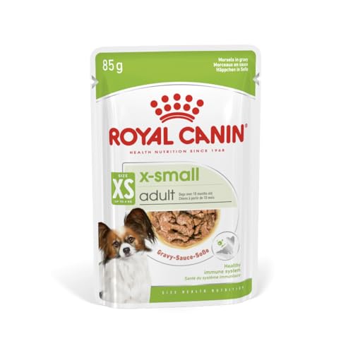 ROYAL CANIN X-Small Adult | 12 x 85 g | Feuchtnahrung für ausgewachsene und besonders kleine Hunde | Ab dem 10. Lebensmonat | Mit Häppchen in Soße | Im Pouchbeutel
