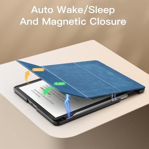 Image of MoKo Stand Case for 11 inch Kindle Scribe (3rd Generation -2025) & Kindle Scribe Colorsoft (1st Generation 2025) - Premium Leather Trifold Stand Cover with Pen Holder, Auto Sleep /Wake, Blue Vintage Twill