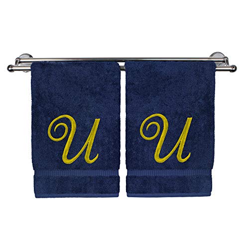 Monogrammed Hand Towel, Personalized Gift, 16 x 30 Inches - Set of 2 - Gold Embroidered Towel - Extra Absorbent 100% Turkish Cotton - Soft Terry Finish - for Bathroom, Kitchen and Spa - Script U Navy