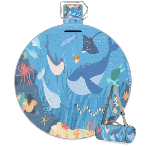 Shimoshe Ocean Animals Picnic Outdoor Blanket Foldable Waterproof Sandproof Beach Blanket Portable Water-Resistant Round Picnic Mat for Travel Camping Park Lawn