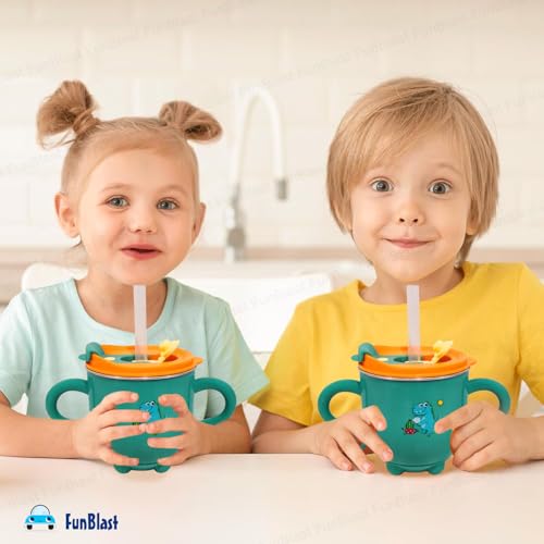 Image of FunBlast Milk Mug for Kids - Dinosaur Print S316 Stainless Steel Mug for Kids, Insulated Milk Cup with Lid & Straw, Water, Juice Drinking Mug, Glass, Cup for Kids - 200 ML (Green)